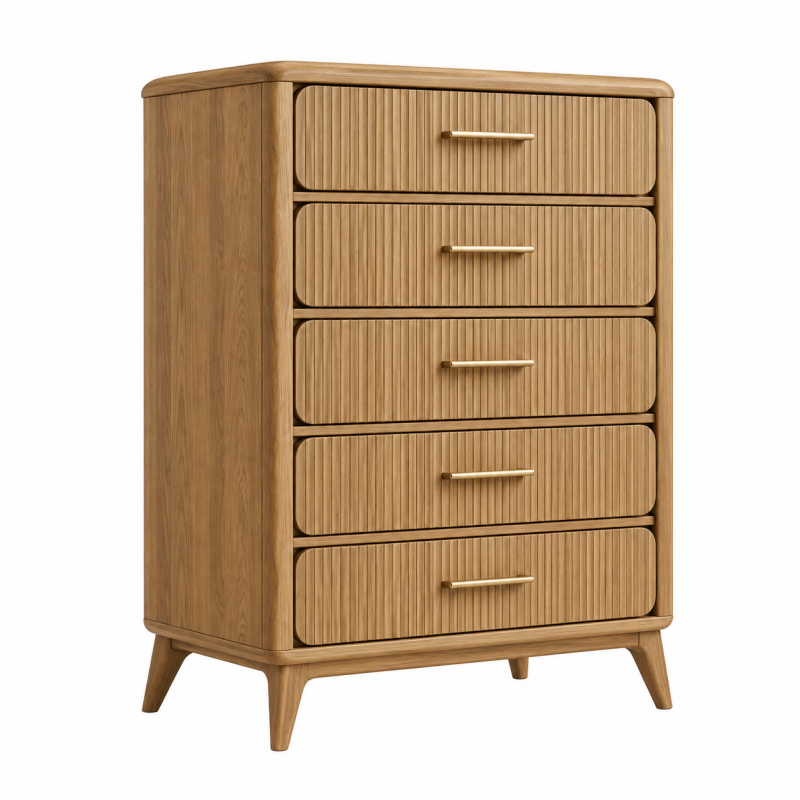 Komoda 90 x 45 x 120 cm drewniana jasnobrązowa z 5 szufladami w stylu retro