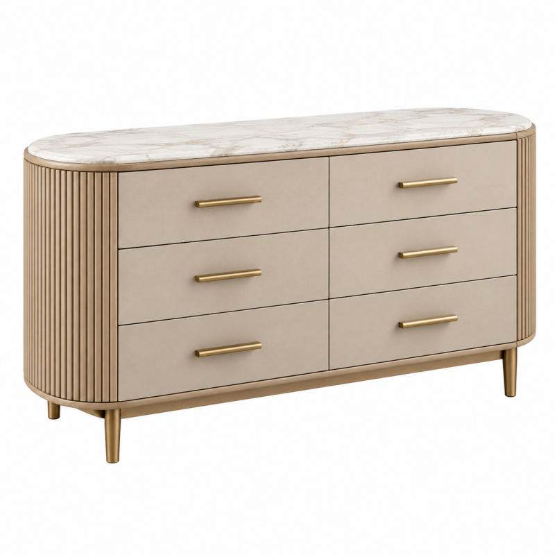 Komoda 160 x 45 x 85 cm beżowa z blatem w marmurowy wzór sześć szuflad