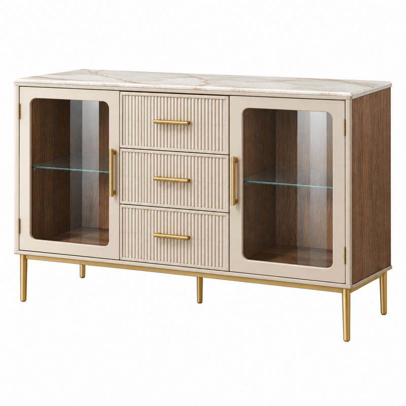 Komoda 120 x 40 x 85 cm kremowa z przeszkleniami do salonu w stylu modern classic