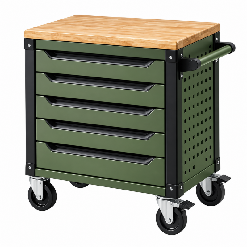 Wózek warsztatowy z 5 szufladami 77 x 46 x 94 cm zielony metalowy z drewnianym blatem na kółkach